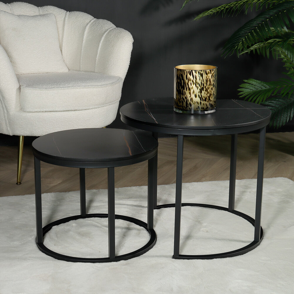 Table basse ronde 2 pièces aspect marbre Lotte noir table d'appoint en pierre Table basse ronde 2 pièces aspect marbre Lotte noir table d'appoint en pierre