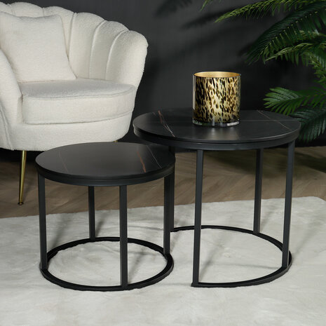 Lizzely Garden & Living Table basse ronde 2 pièces aspect marbre Lotte noir table d'appoint en pierre Lizzely Garden & Living Table basse ronde 2 pièces aspect marbre Lotte noir table d'appoint en pierre