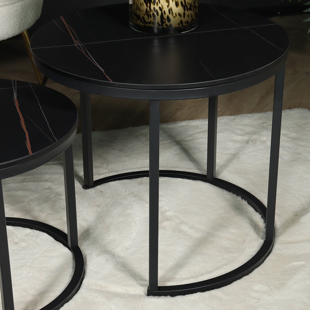 Table basse ronde 2 pièces aspect marbre Lotte noir table d'appoint en pierre Table basse ronde 2 pièces aspect marbre Lotte noir table d'appoint en pierre