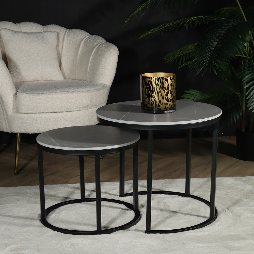 Table basse ronde 2 pièces aspect marbre Lotte gris table d'appoint en pierre Table basse ronde 2 pièces aspect marbre Lotte gris table d'appoint en pierre