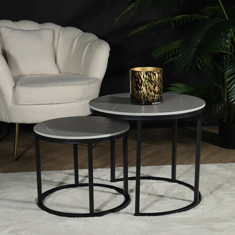 Lizzely Garden & Living Table basse ronde 2 pièces aspect marbre Lotte gris table d'appoint en pierre Lizzely Garden & Living Table basse ronde 2 pièces aspect marbre Lotte gris table d'appoint en pierre