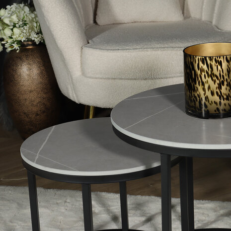 Lizzely Garden & Living Table basse ronde 2 pièces aspect marbre Lotte gris table d'appoint en pierre Lizzely Garden & Living Table basse ronde 2 pièces aspect marbre Lotte gris table d'appoint en pierre