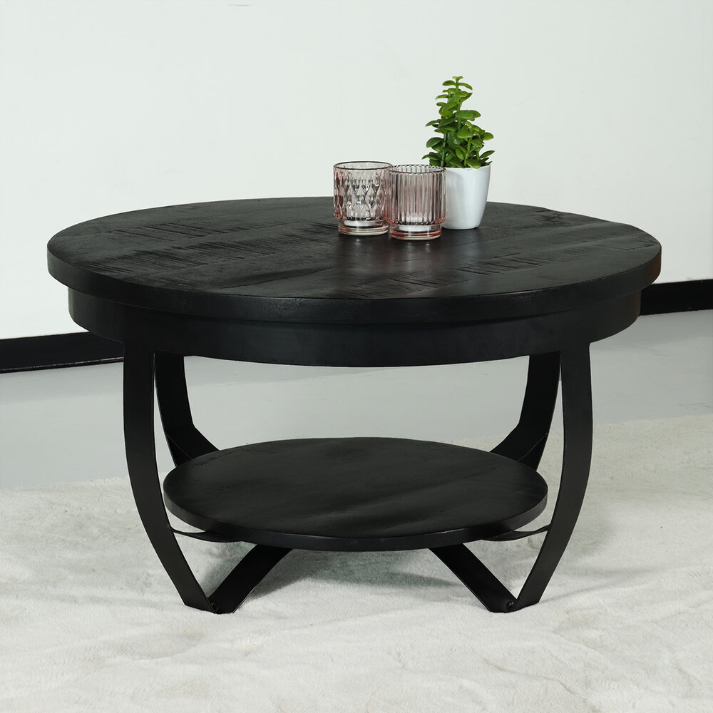 Table basse ronde en bois de manguier noir Sandy
