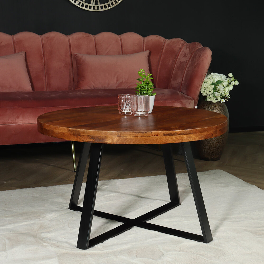 Table basse ronde en bois de manguier Teun marron table d'appoint industrielle