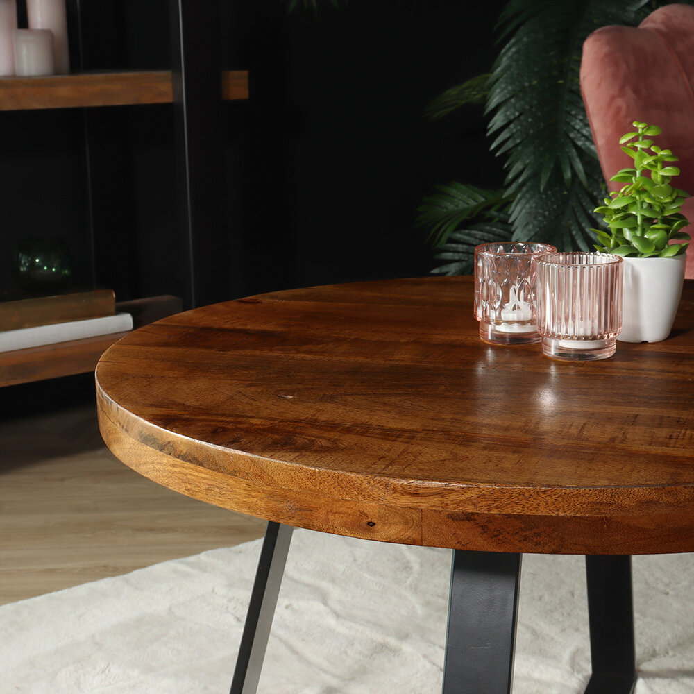 Table basse ronde en bois de manguier Teun marron table d'appoint industrielle