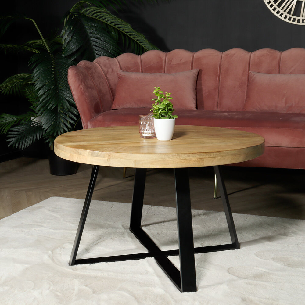 Table basse ronde en bois de manguier Teun marron clair table d'appoint industrielle