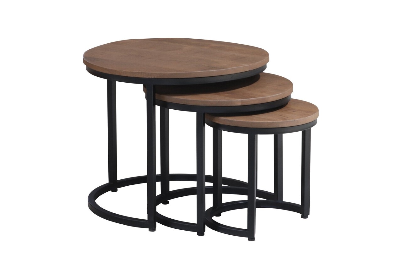 Table basse 3 pièces en bois de manguier Jaell noyer marron, style industriel, durable et en bois massif.