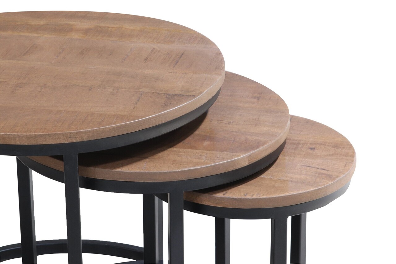 Table basse 3 pièces en bois de manguier Jaell noyer marron, style industriel, durable et en bois massif.