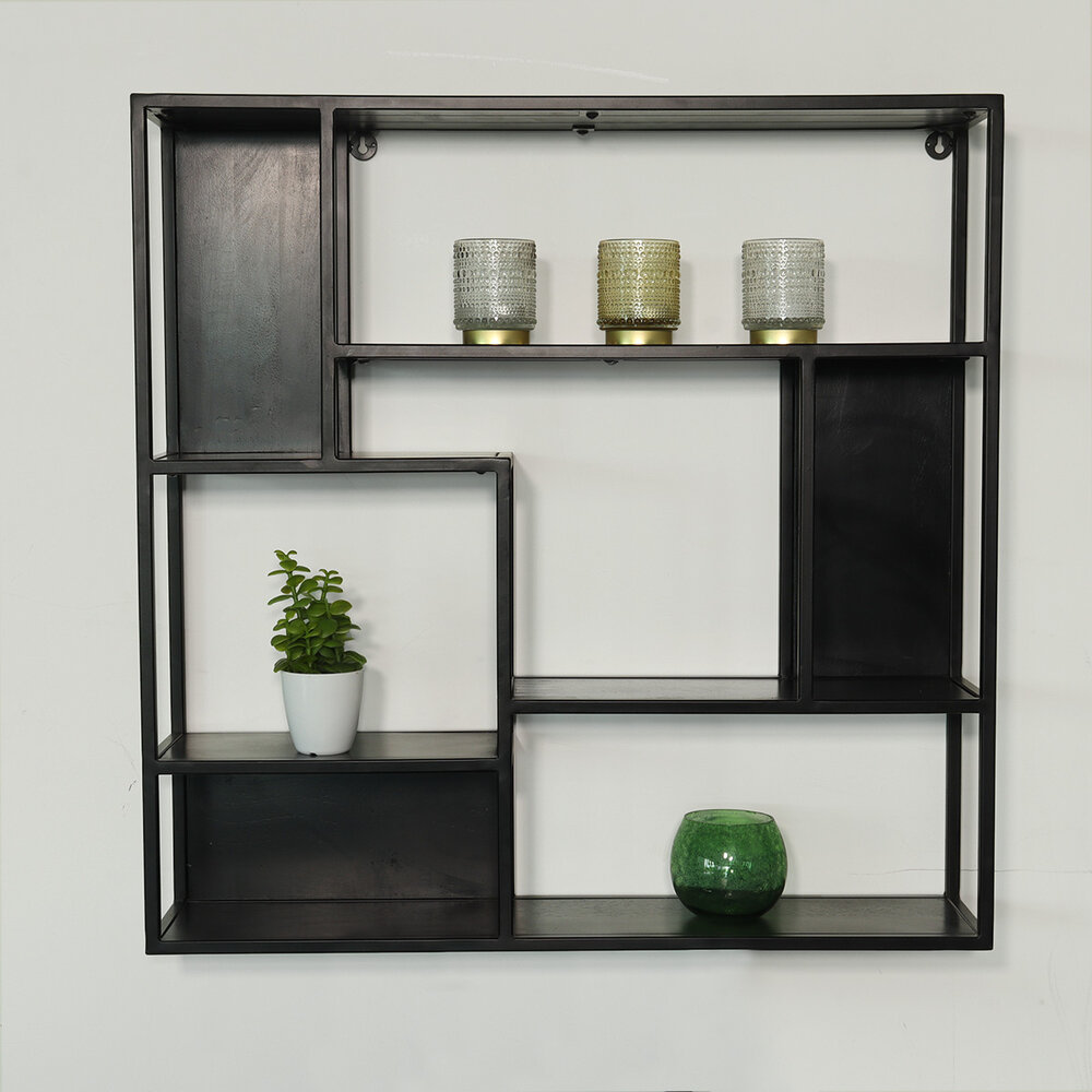 Etagère murale Emma carré industriel en bois de manguier 75cm noir décoration murale