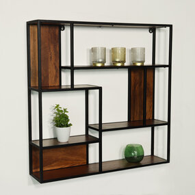 Lizzely Garden & Living Etagère murale Emma carré industriel en bois de manguier 75cm marron décoration murale