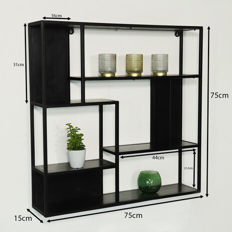 Lizzely Garden & Living Etagère murale Emma carré industriel en bois de manguier 75cm noir décoration murale