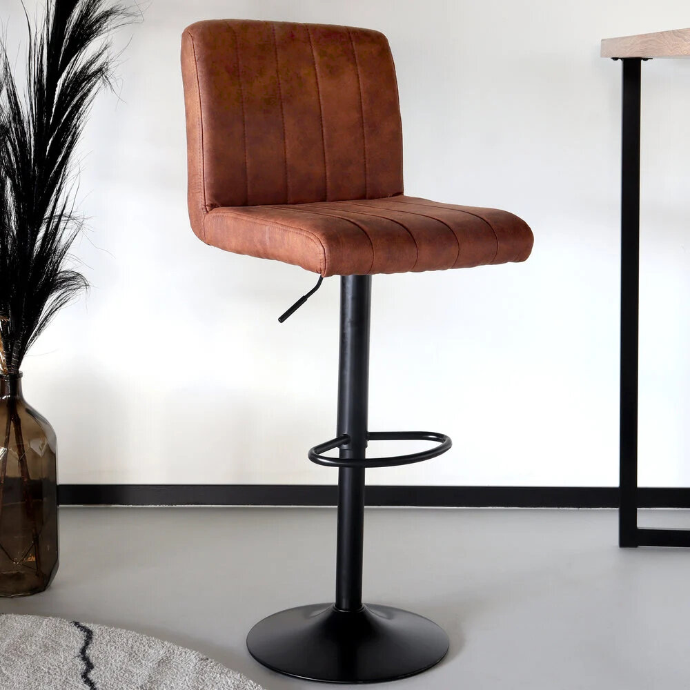 Tabouret de bar Anel avec dossier simili cuir cognac avec pied noir