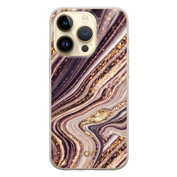 Casevibes iPhone 14 Pro hoesje siliconen - Golden Pink Marble