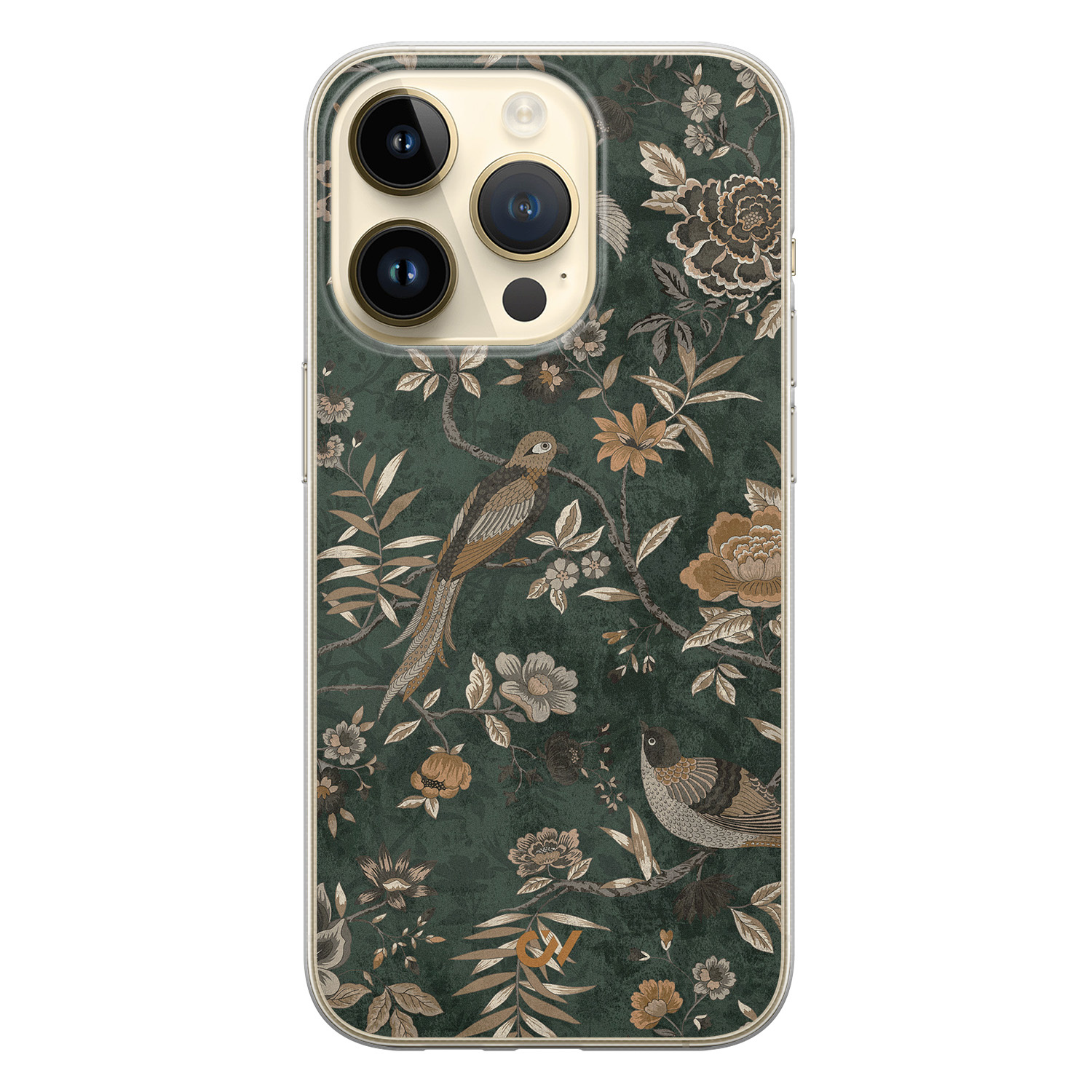 Casevibes iPhone 14 Pro hoesje siliconen - Khaki Golden Flowers