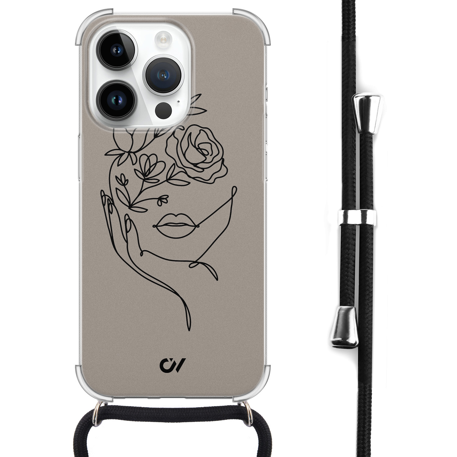 Casevibes iPhone 14 Pro hoesje met koord - Oneline Face Flower