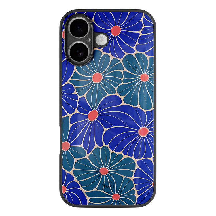 TMK iPhone 16 glazen hardcase - Indigo bloemen