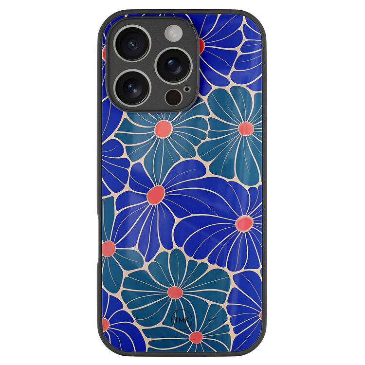 Casevibes iPhone 16 Pro glazen hardcase - Indigo bloemen