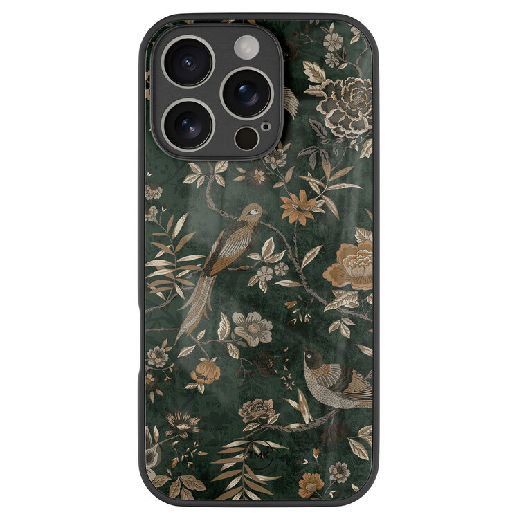 TMK iPhone 16 Pro glazen hardcase - Khaki golden flowers