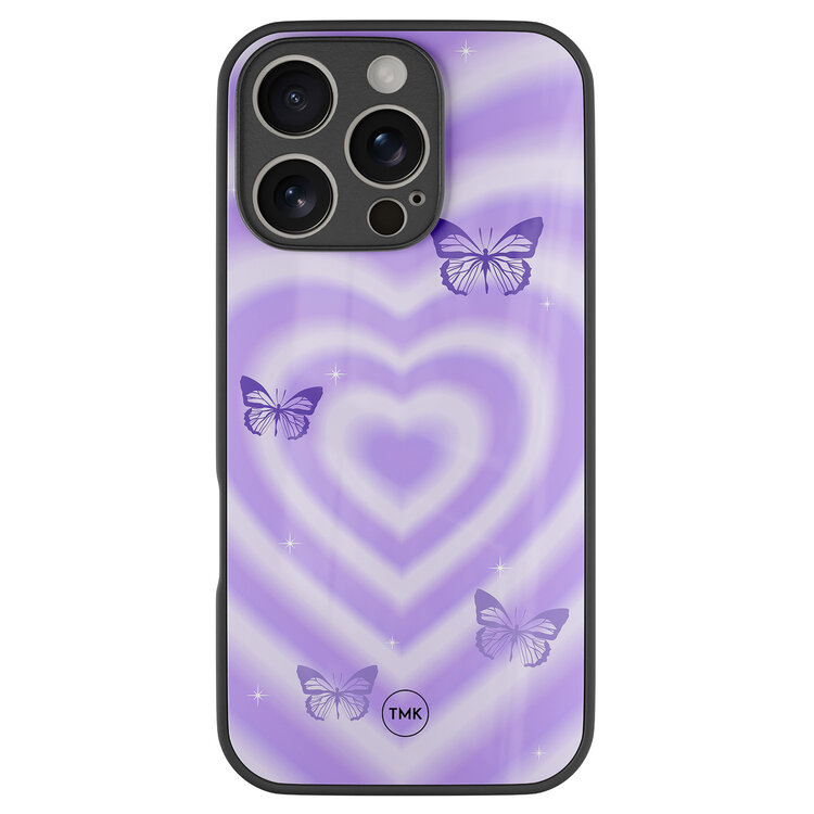 Casevibes iPhone 16 Pro glazen hardcase - Vlinders retro paars