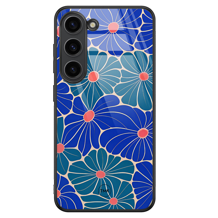 Casevibes Samsung Galaxy S23 glazen hardcase - Indigo bloemen
