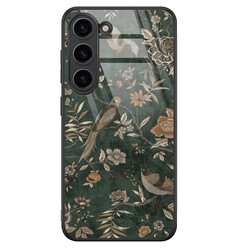 TMK Samsung Galaxy S23 glazen hardcase - Khaki golden flowers