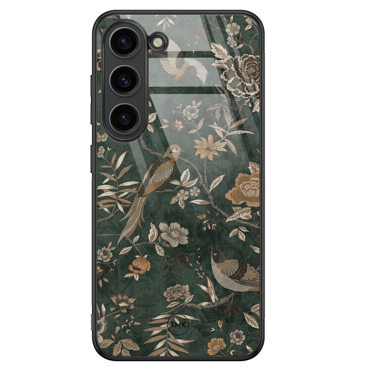 Casevibes Samsung Galaxy S23 glazen hardcase - Khaki golden flowers