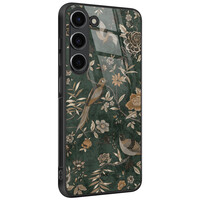 TMK Samsung Galaxy S23 glazen hardcase - Khaki golden flowers