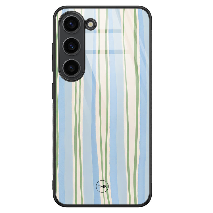Casevibes Samsung Galaxy S23 glazen hardcase - Pastelblauwe strepen
