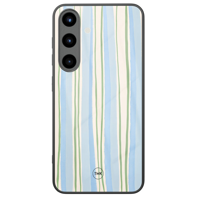 TMK Samsung Galaxy S25 glazen hardcase - Pastelblauwe strepen