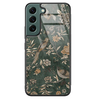 TMK Samsung Galaxy S22 glazen hardcase - Khaki golden flowers