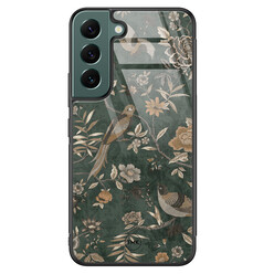TMK Samsung Galaxy S22 glazen hardcase - Khaki golden flowers