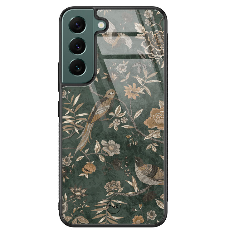 Casevibes Samsung Galaxy S22 glazen hardcase - Khaki golden flowers