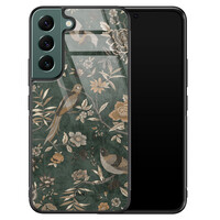TMK Samsung Galaxy S22 glazen hardcase - Khaki golden flowers