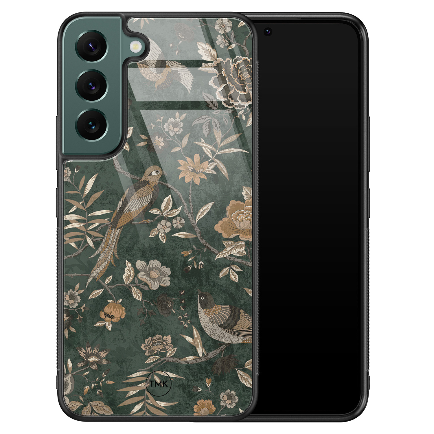 TMK Samsung Galaxy S22 glazen hardcase - Khaki golden flowers