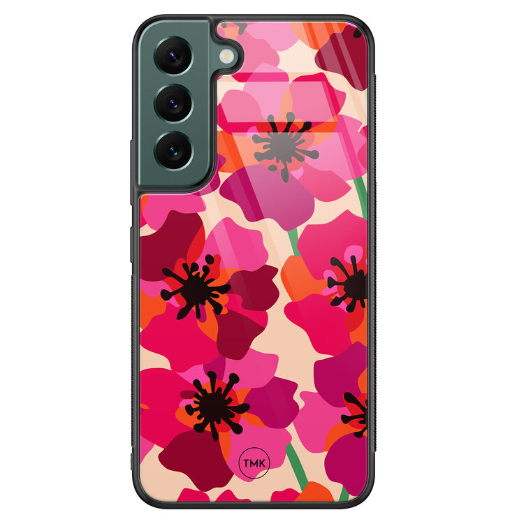 TMK Samsung Galaxy S22 glazen hardcase - Pink floral bliss