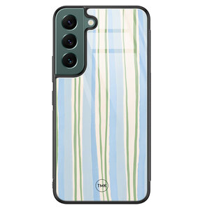 TMK Samsung Galaxy S22 glazen hardcase - Pastelblauwe strepen
