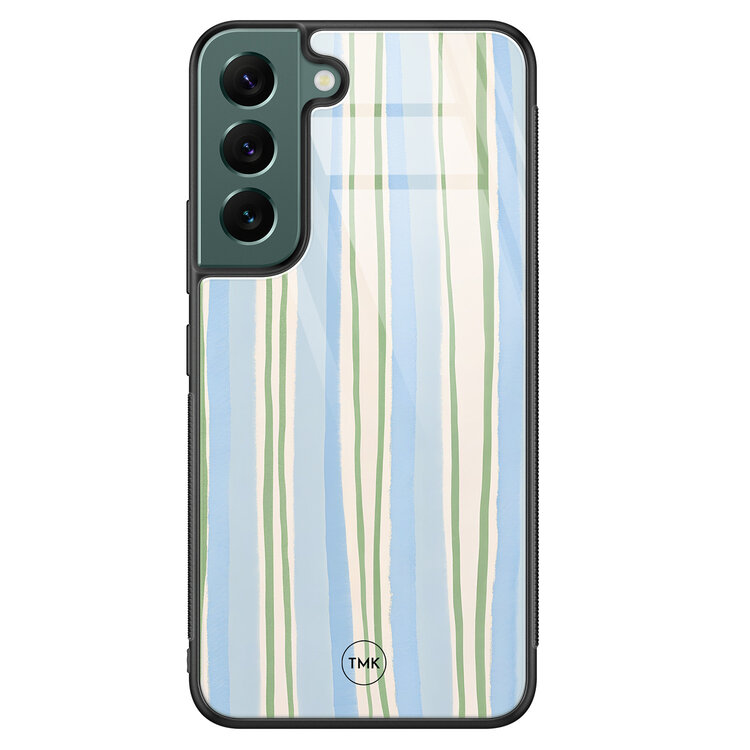 Casevibes Samsung Galaxy S22 glazen hardcase - Pastelblauwe strepen