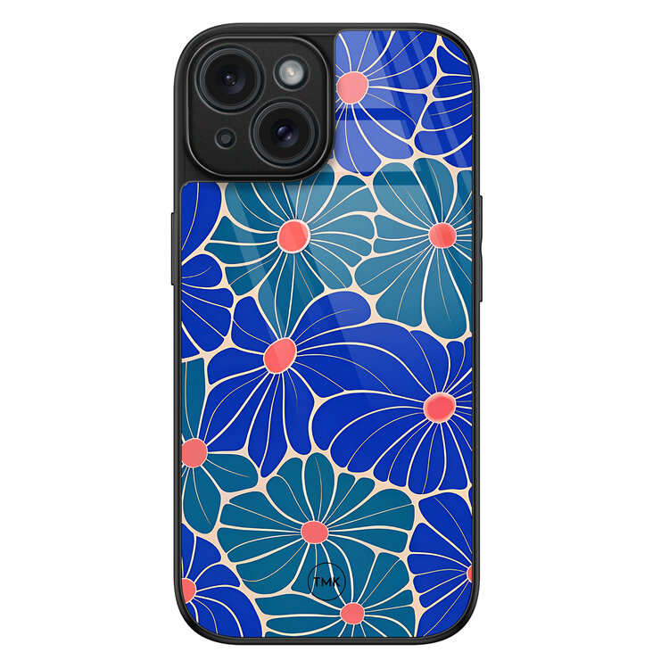 Casevibes iPhone 15 glazen hardcase - Indigo bloemen