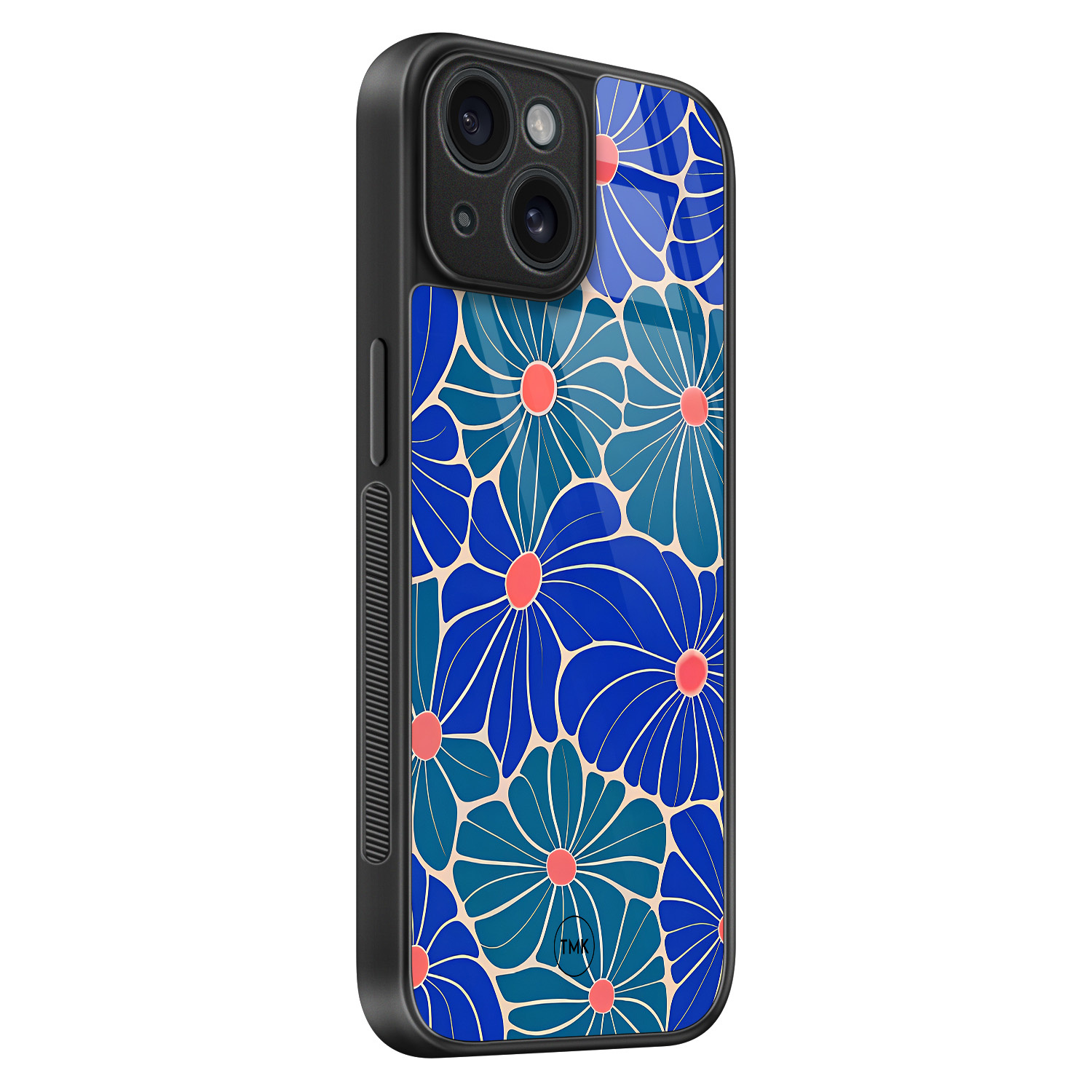 TMK iPhone 15 glazen hardcase - Indigo bloemen