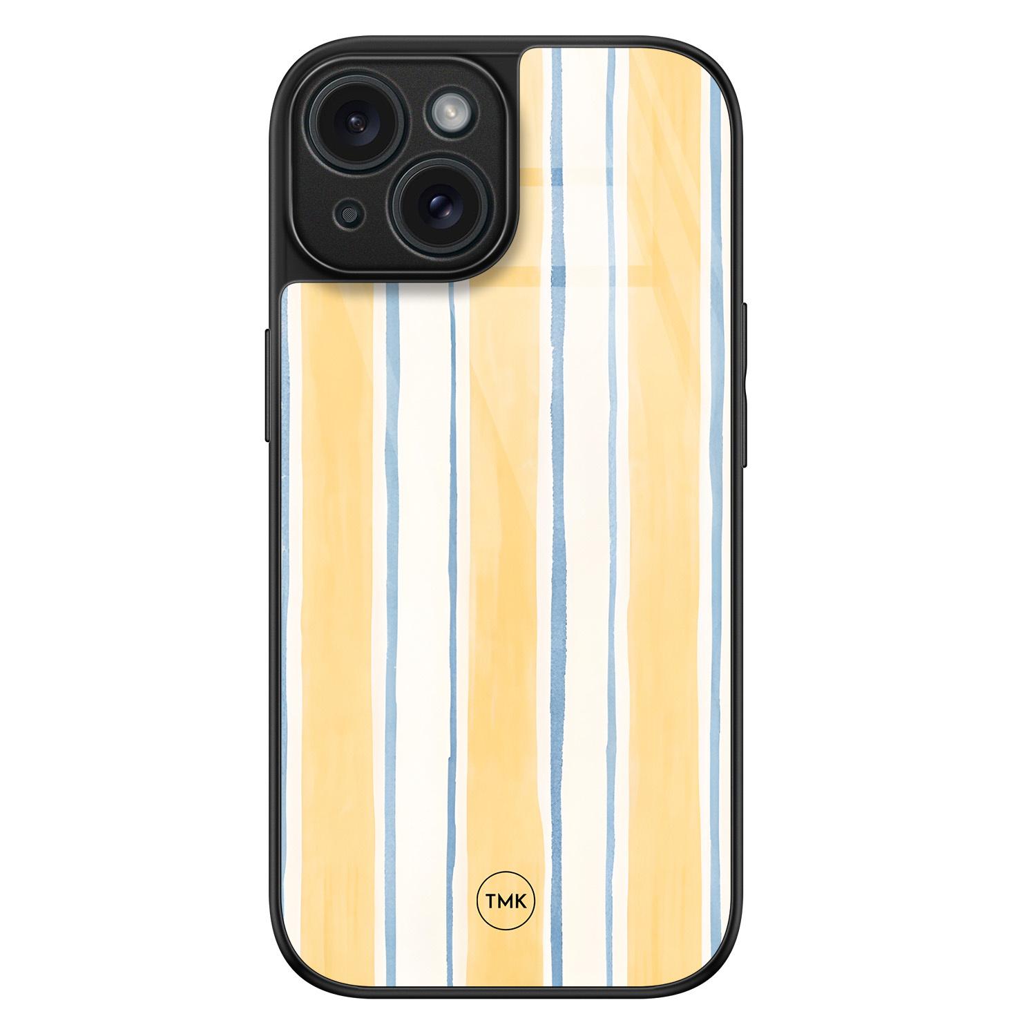 TMK iPhone 15 glazen hardcase - Gestreept geel