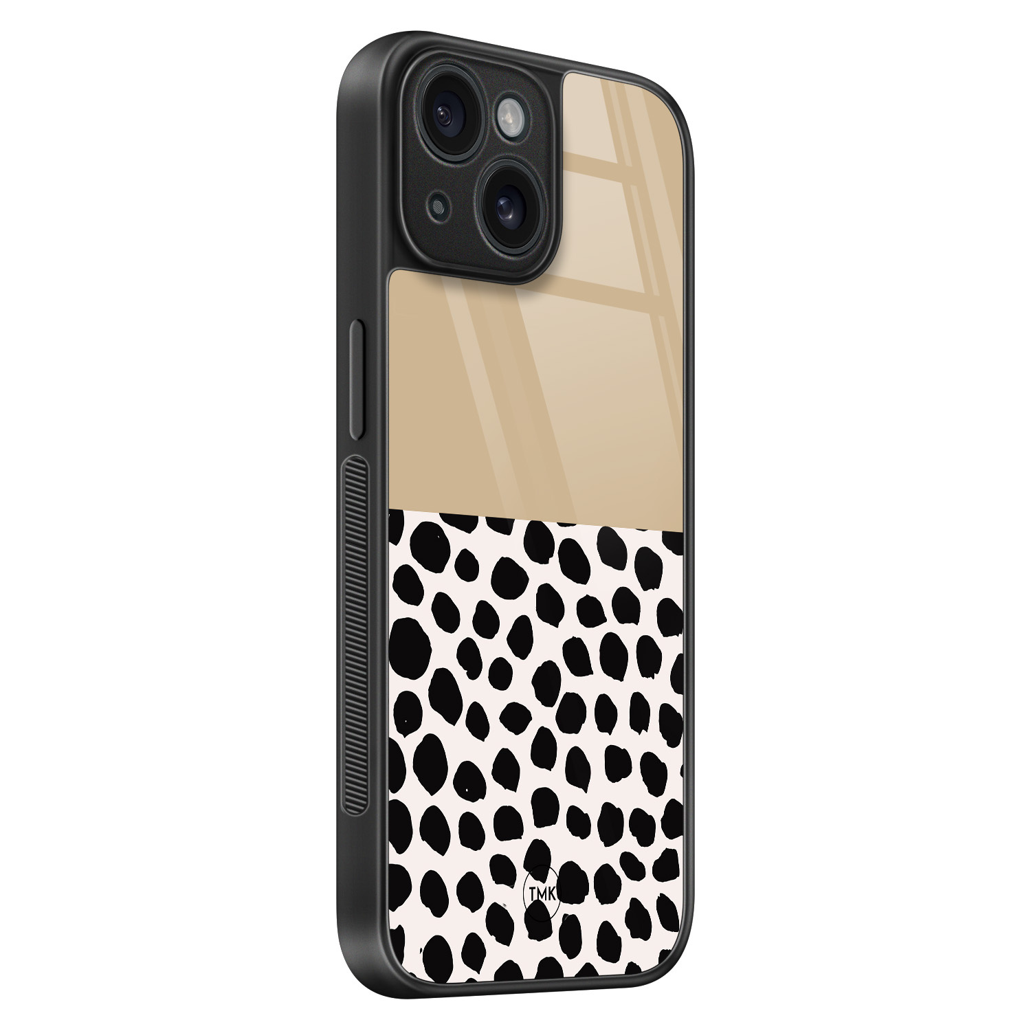 TMK iPhone 15 glazen hardcase - Brown dots abstract