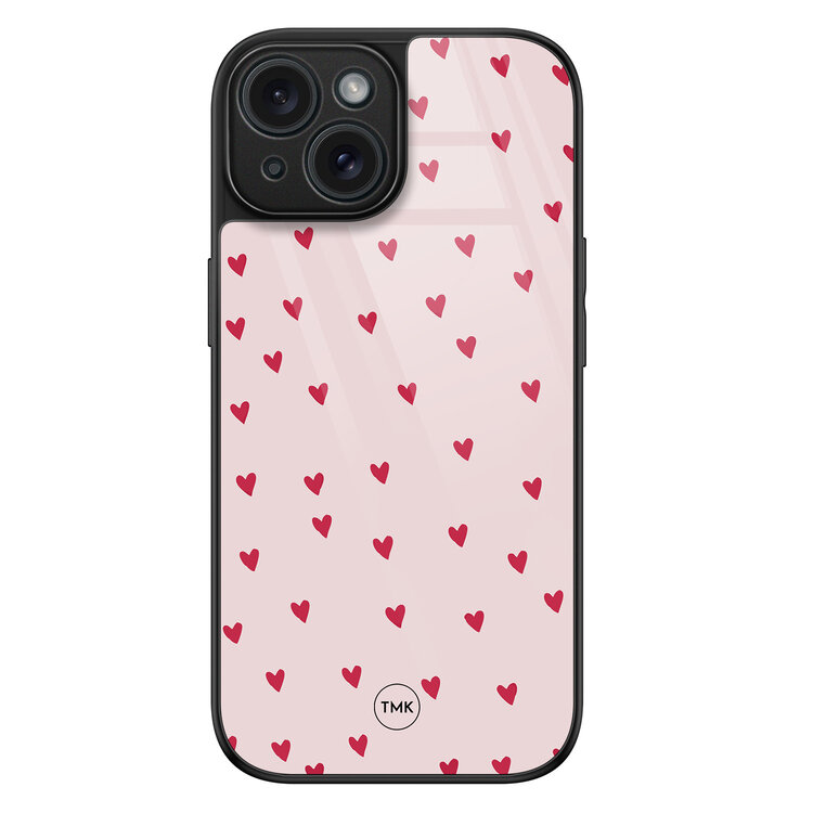 TMK iPhone 15 glazen hardcase - Cute hearts