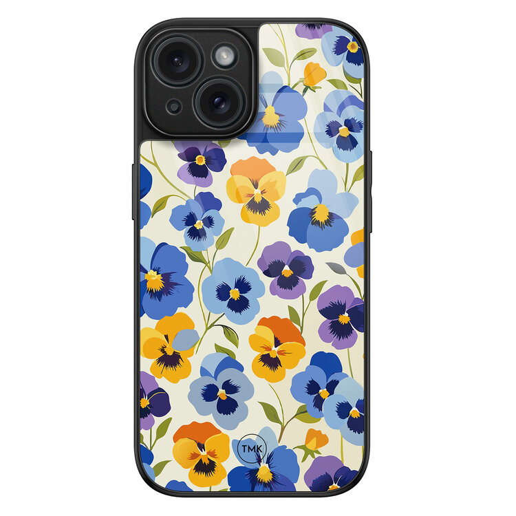 Casevibes iPhone 15 glazen hardcase - Viooltjesmix bloemen