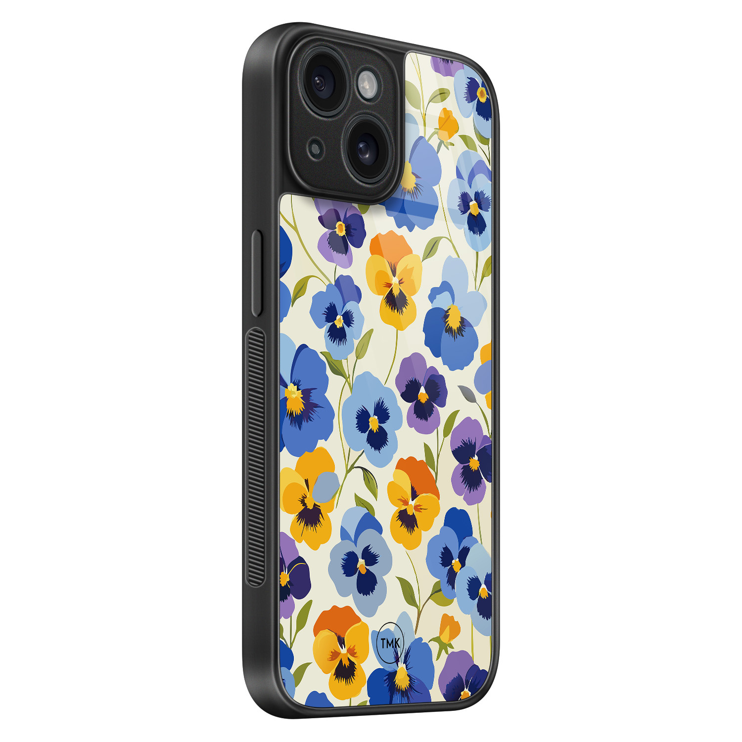 TMK iPhone 15 glazen hardcase - Viooltjesmix bloemen