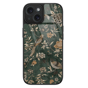 TMK iPhone 15 glazen hardcase - Khaki golden flowers