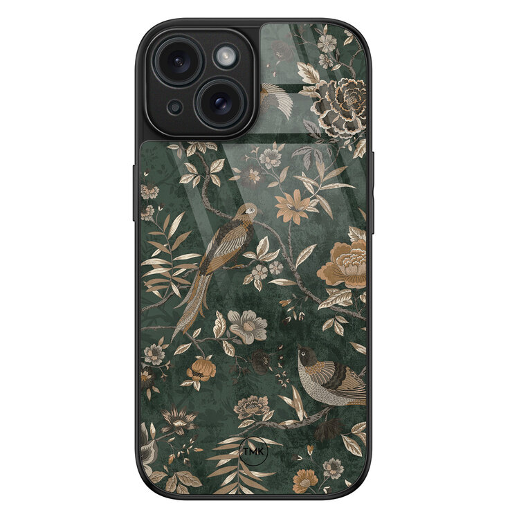 Casevibes iPhone 15 glazen hardcase - Khaki golden flowers