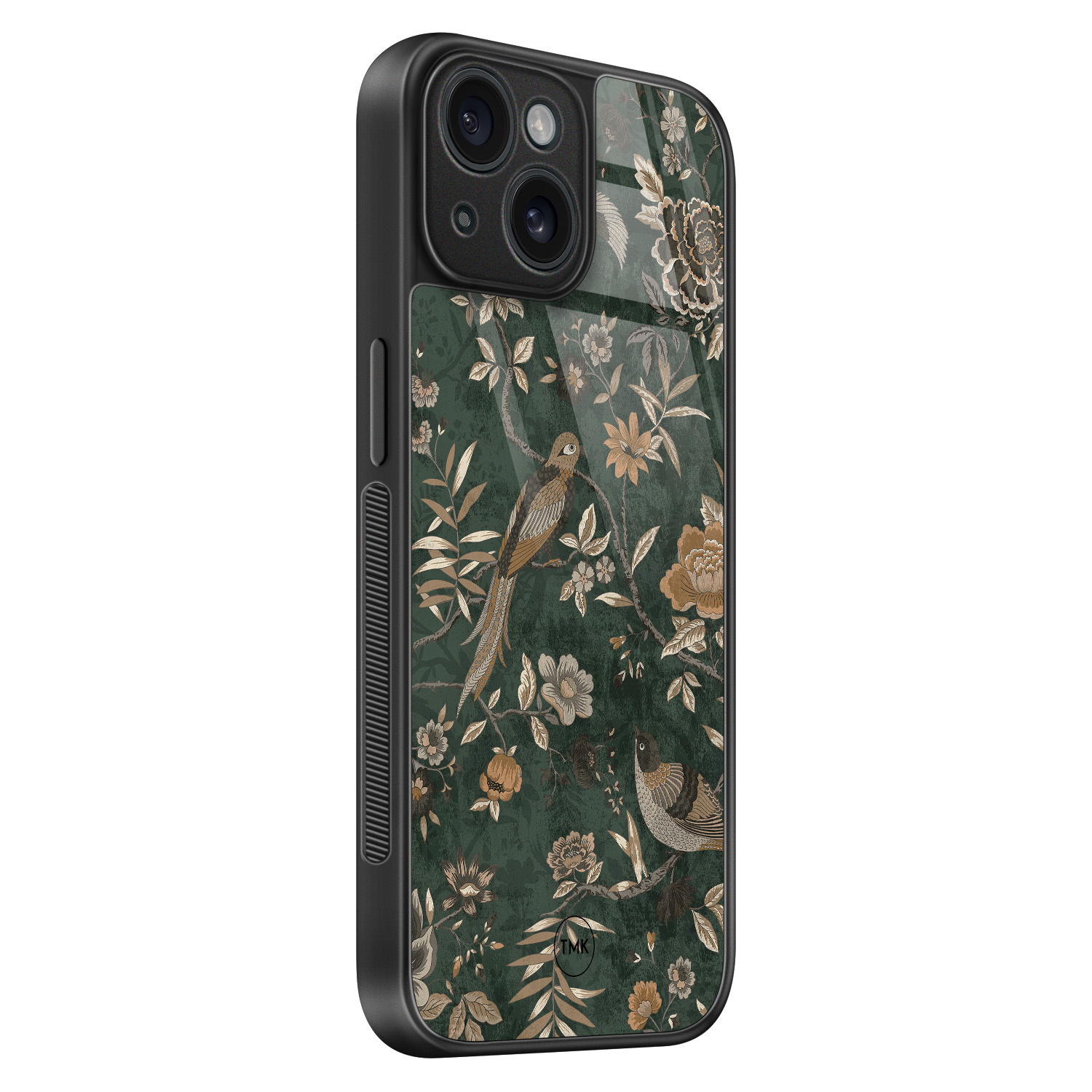 TMK iPhone 15 glazen hardcase - Khaki golden flowers