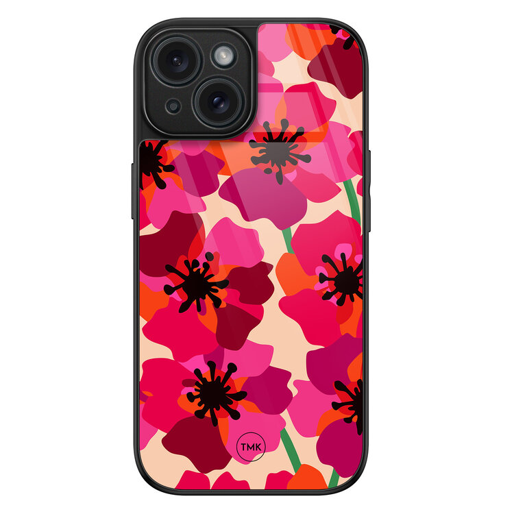 TMK iPhone 15 glazen hardcase - Pink floral bliss