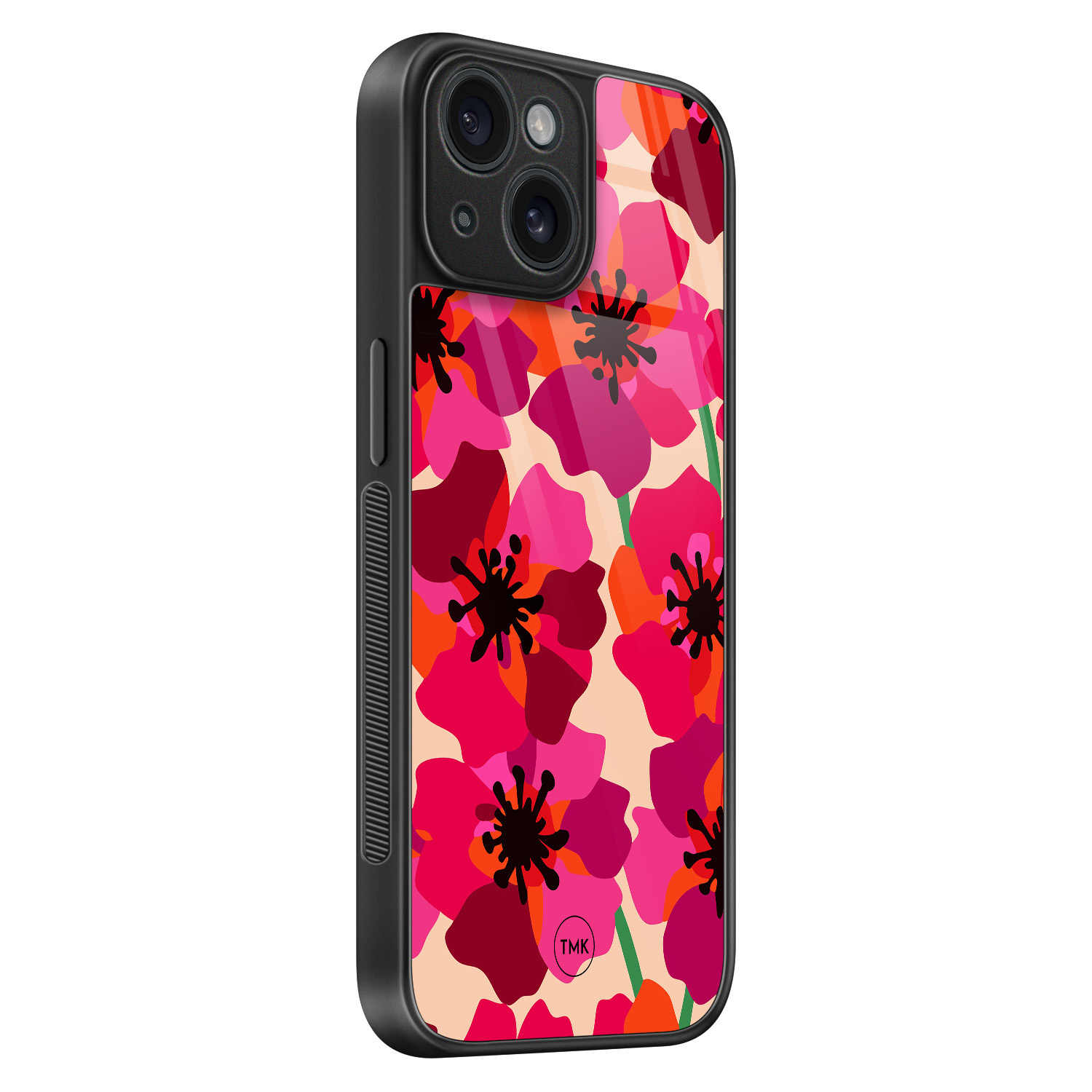 TMK iPhone 15 glazen hardcase - Pink floral bliss