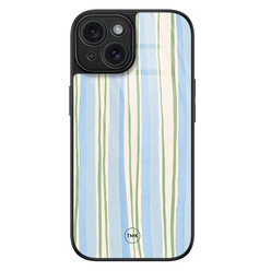 TMK iPhone 15 glazen hardcase - Pastelblauwe strepen